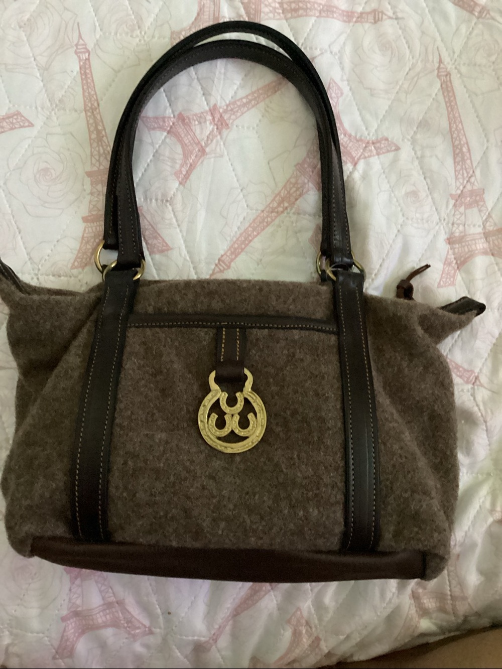 Wool-Blend Brown Tote with Leather Trim and Gold Accent